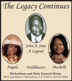 Funeral home memorial flyer for John A. Sims, “A Legend,” with photos of Angela, John, and Machelle and “The Legacy Continues.”