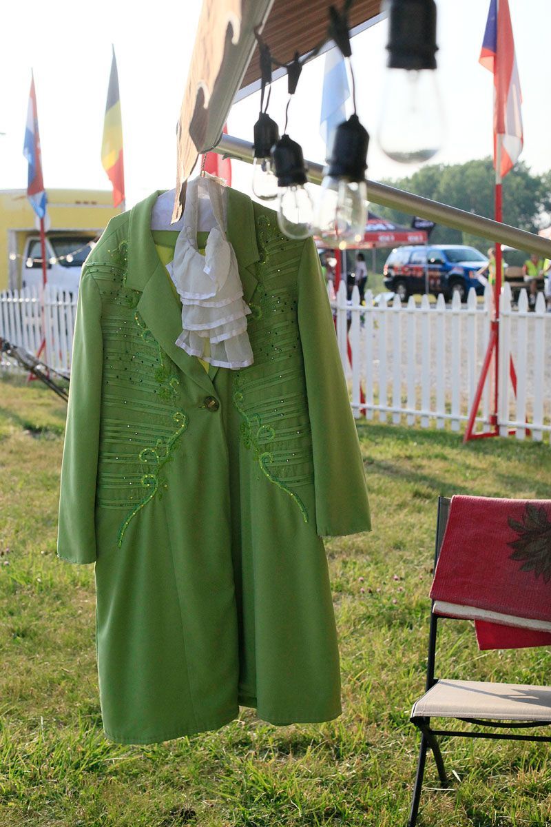 Jay's costume hangs in front of his trailer in Oak Forest, Illinois.