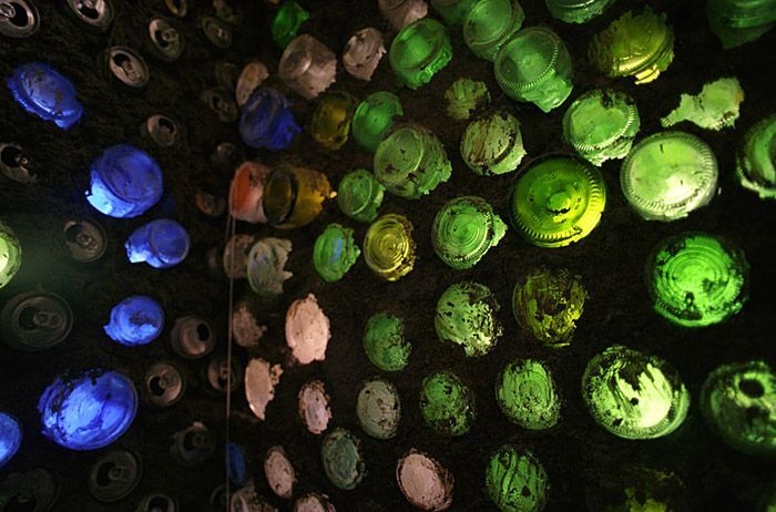 A view from inside the outhouse the Homesteaders built out of glass bottles and cement.