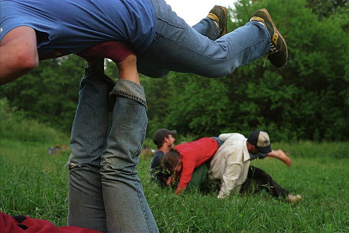 After dinner it is not uncommon for the Homesteaders to play outside and wrestle. 'For me that's something I've really started to think about the importance of having a strong supportive family environment or community environment,' states Andree. 'If you have that you're able to explore more on your own because you know that you're always coming back to a firm ground.'