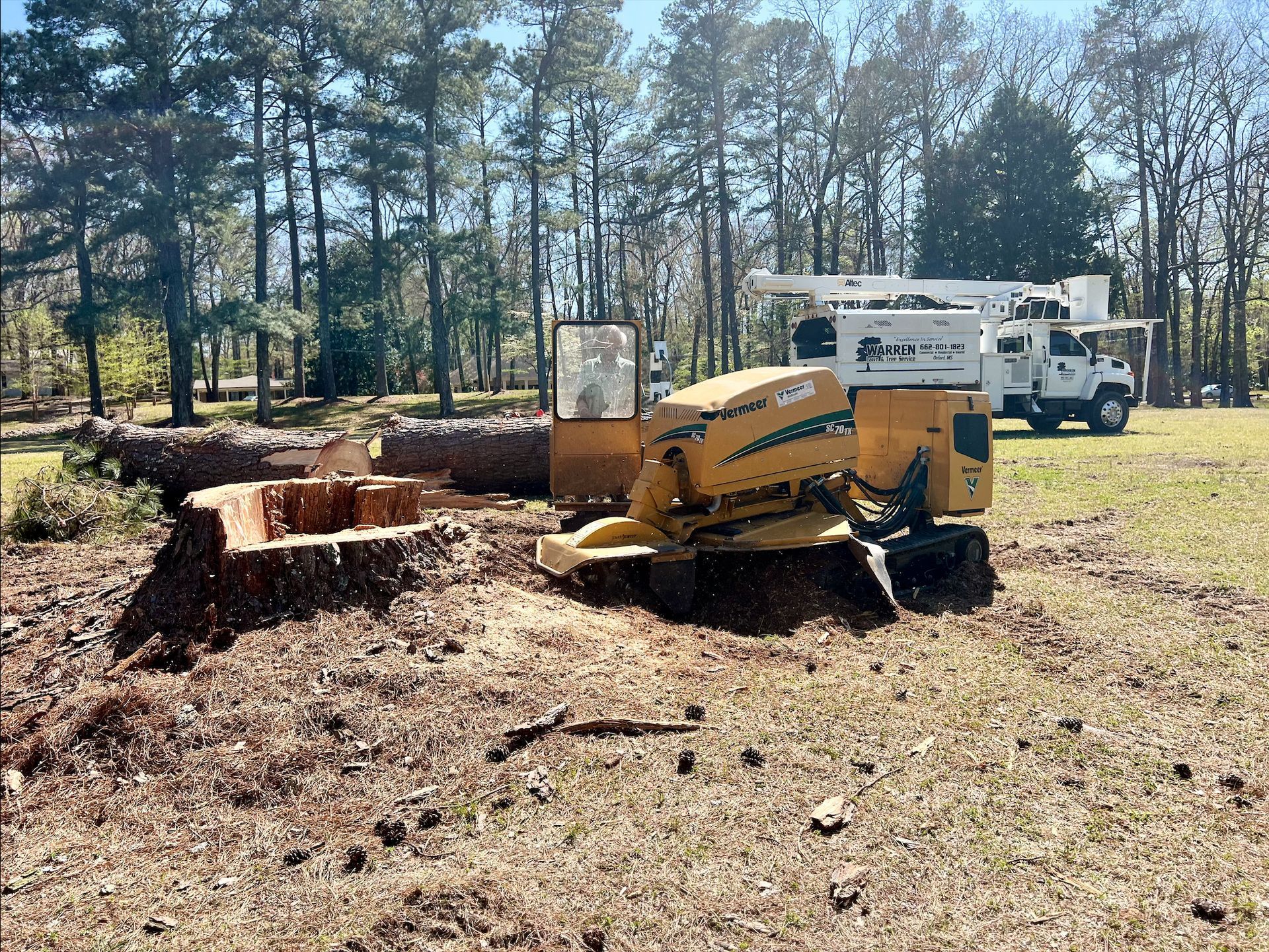Stump grinder removing a tree stump in a field; a truck with a lift in the background.