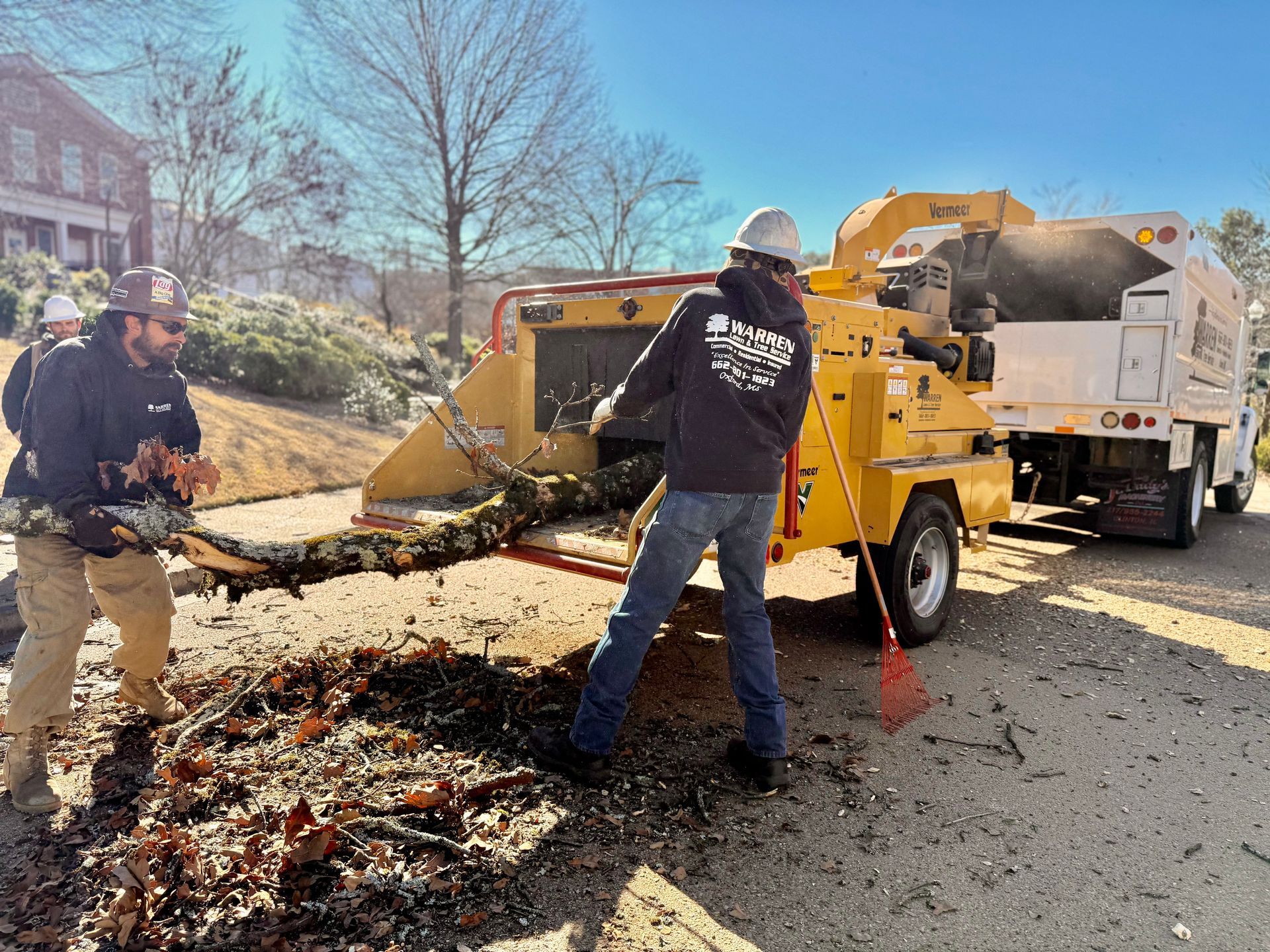 Two workers feeding tree branches into a yellow wood chipper, beside a white truck. Sunny outdoors.
