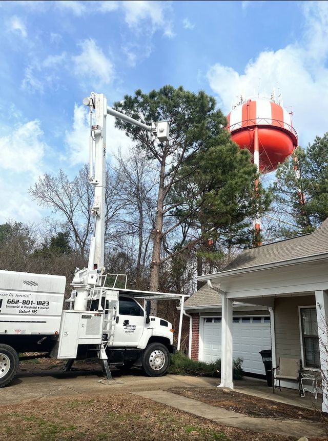 White truck with extended boom trimming a tall tree near a house and a red and white water tower.
