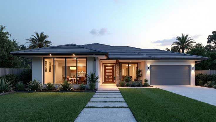 Modern single-story house with a grey roof, large windows, and a concrete pathway leading to the front door.