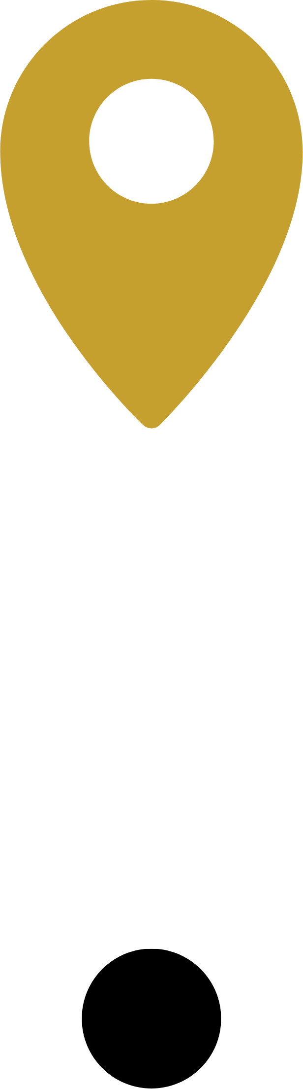 Gold map pin above black dot on a white background