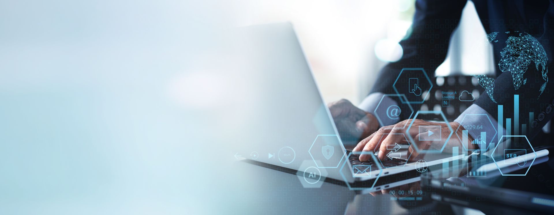 Person using a laptop with data visualization overlay, possibly analyzing information. Person using a laptop with data visualization overlay, possibly analyzing information.