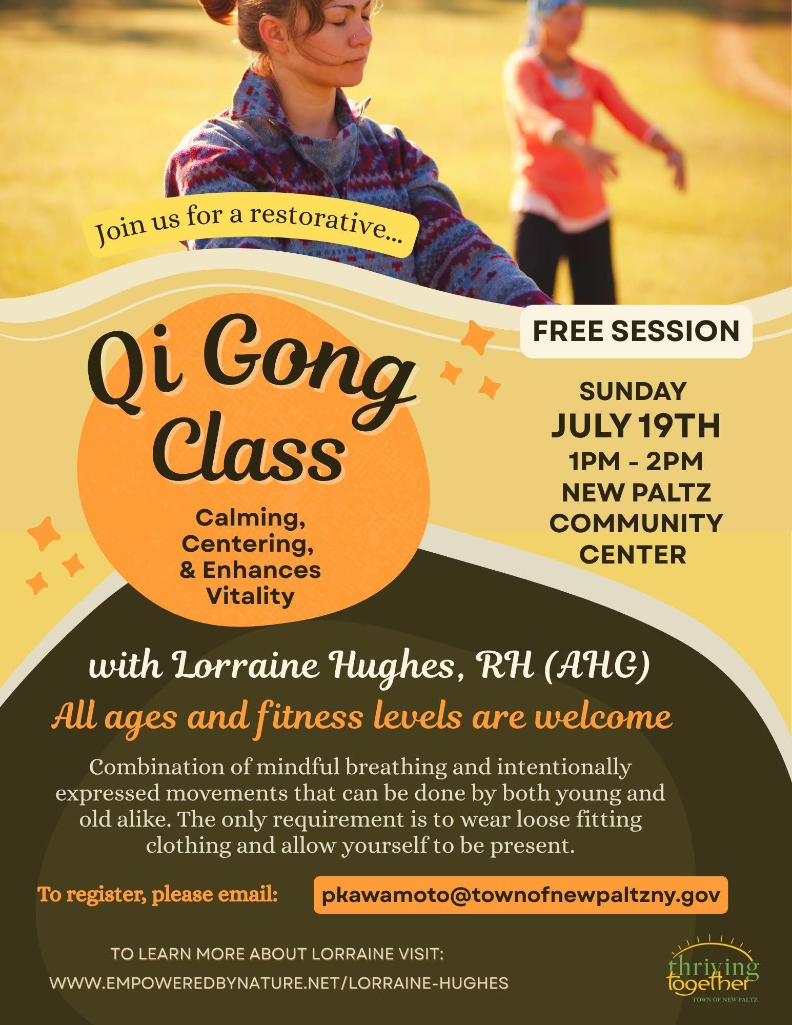 Qi Gong class flyer with people stretching, promoting a free Sunday community-center session.