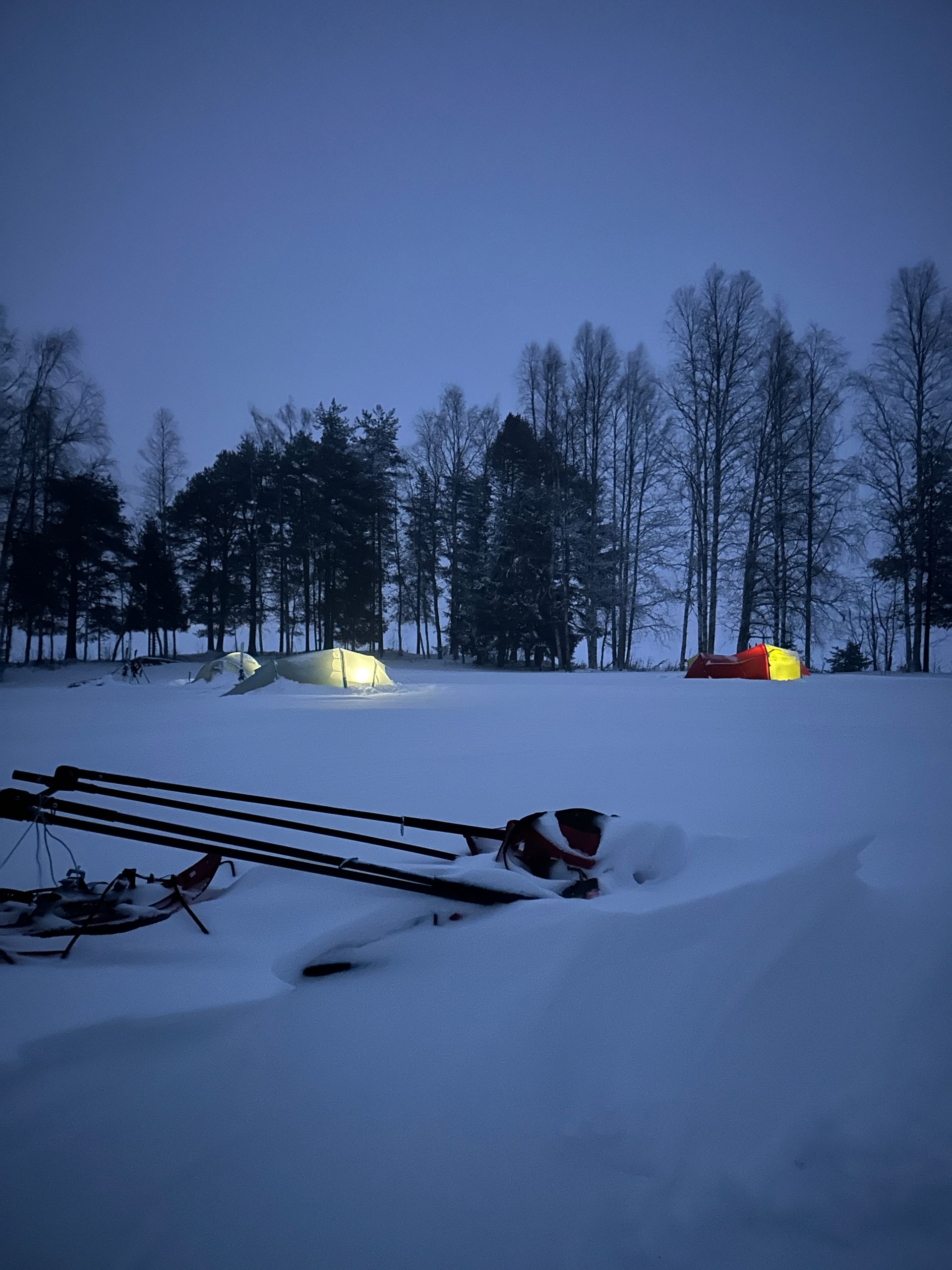 Snowy dusk landscape with lit tents, bare trees, and a wooden sled in the foreground.