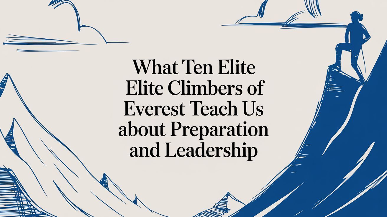 Blue-and-white title slide with climber silhouette: “What Ten Elite Climber of Everest Teach Us about Preparation and Leadership”