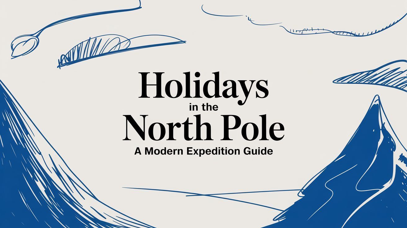 Holidays in North Pole title card with blue snowy mountain illustrations and white background