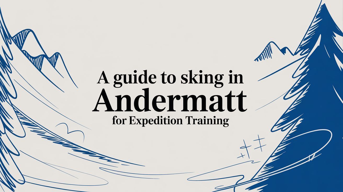 A ski guide cover reading “A guide to skiing in Andermatt” with blue mountain illustrations