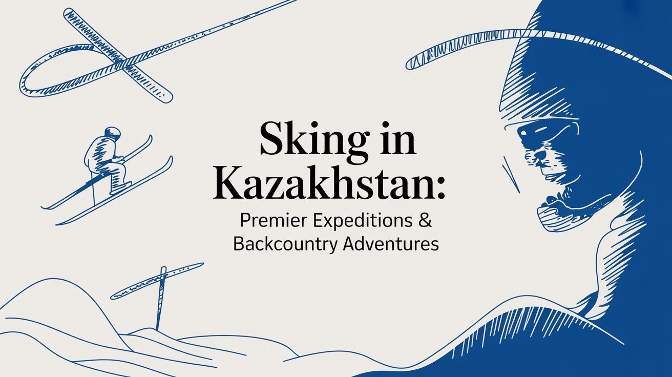 Skiing in Kazakhstan poster with skier silhouettes, blue mountains, and wind turbines on a white background
