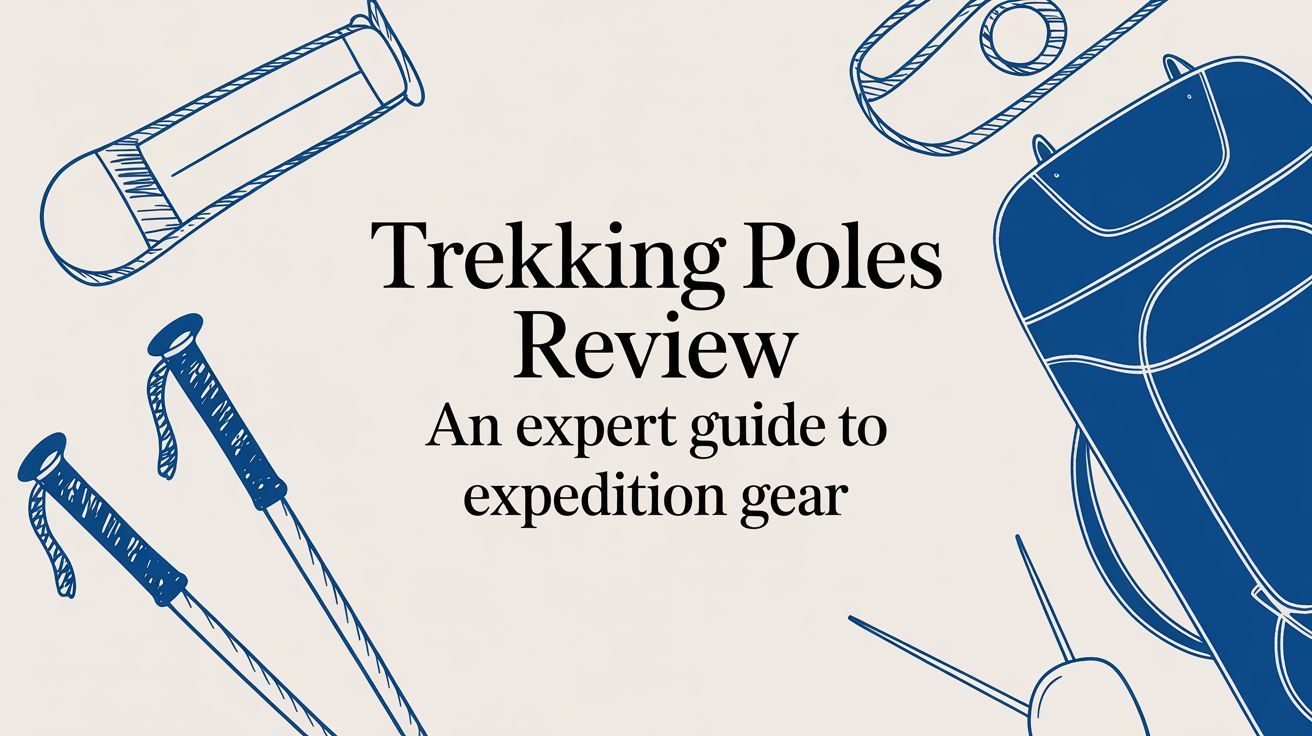 Trekking poles review cover with blue gear sketches on a beige background