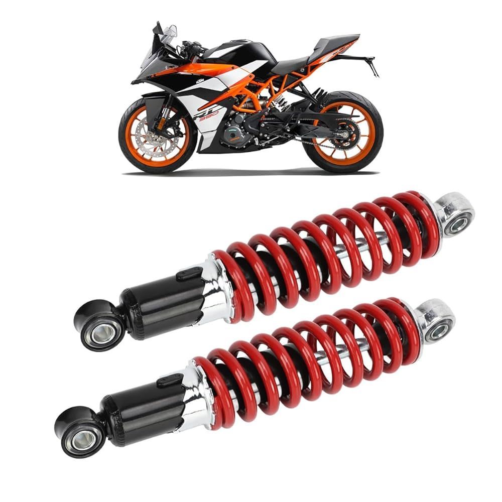 Motocicletta e due ammortizzatori rossi e neri.