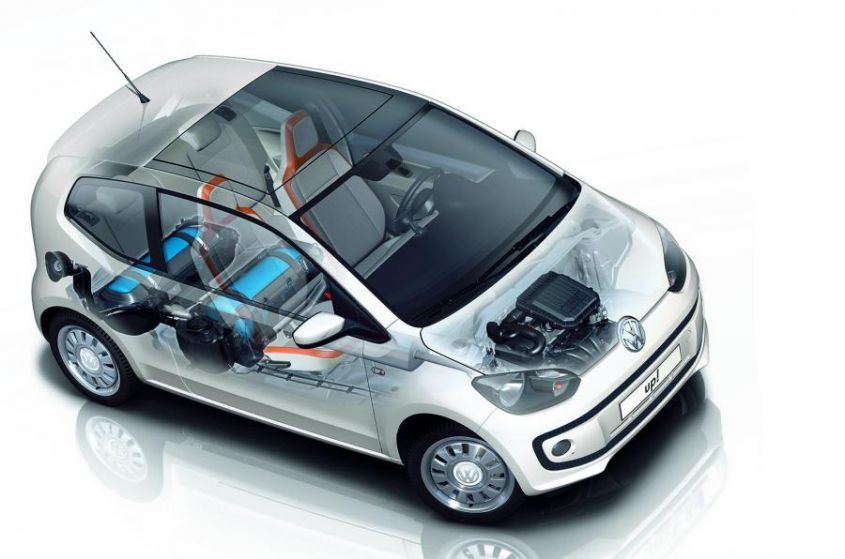 Vista in sezione di una Volkswagen Up! bianca, che mostra il motore e i componenti degli interni.