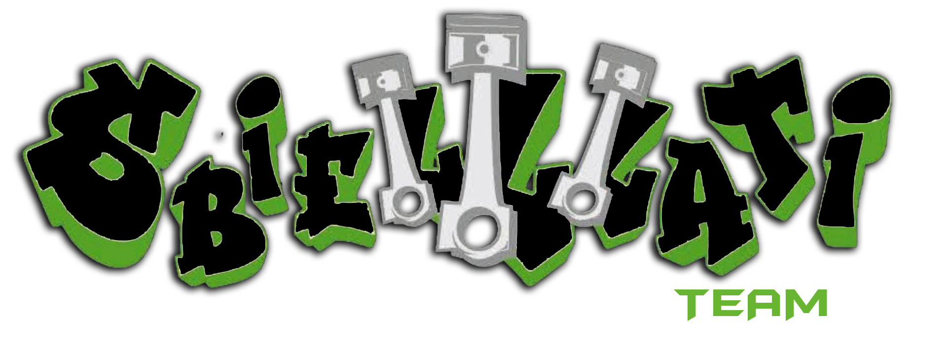 Logo con testo in stile graffiti verde e nero e pistoni del motore, recante la scritta "SBellari TEAM".