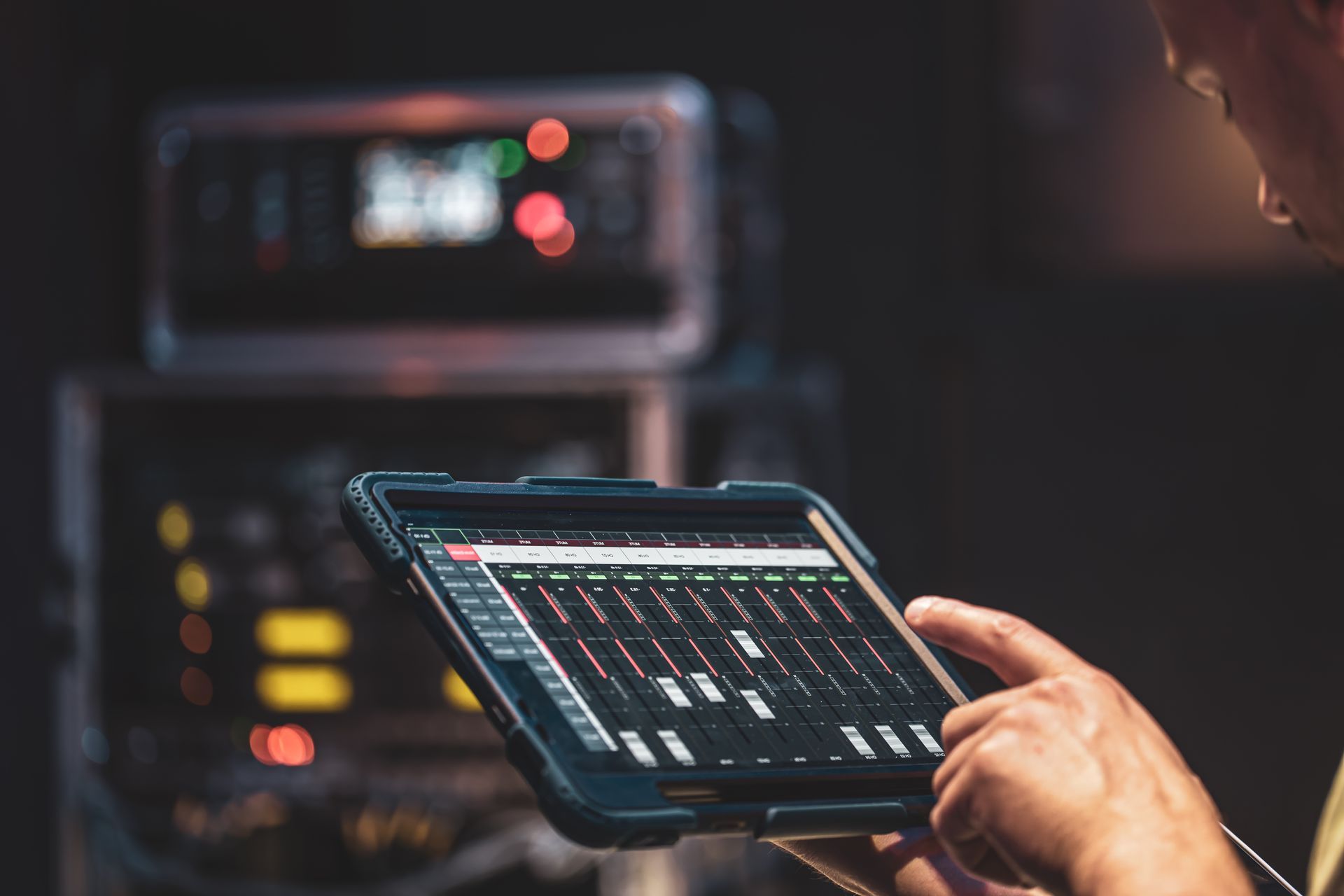 Una persona che utilizza un tablet per controllare una console audio con altre apparecchiature in sottofondo.