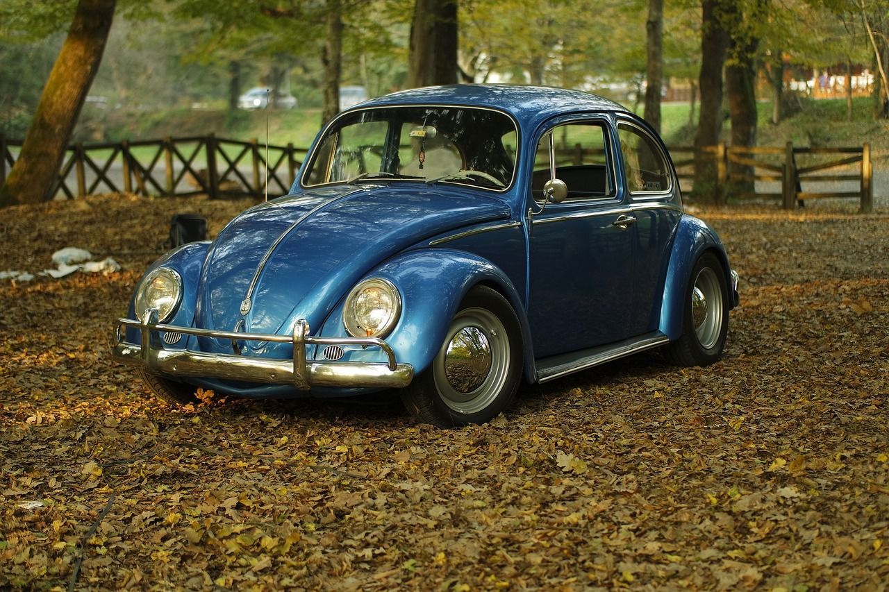 An old car is parked in the grass next to a tree.