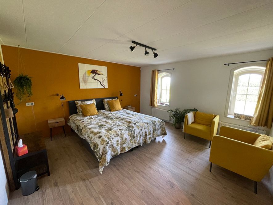 Slaapkamer met kingsize bed, twee gele fauteuils en een mosterdkleurige accentmuur.