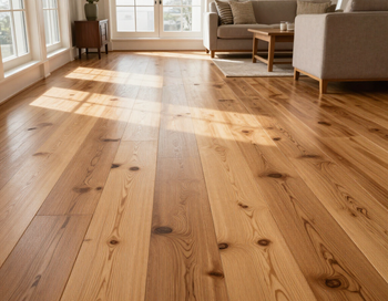 Wide-plank hardwood flooring in a sunlit living room