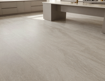 Large-format tile flooring in a kitchen