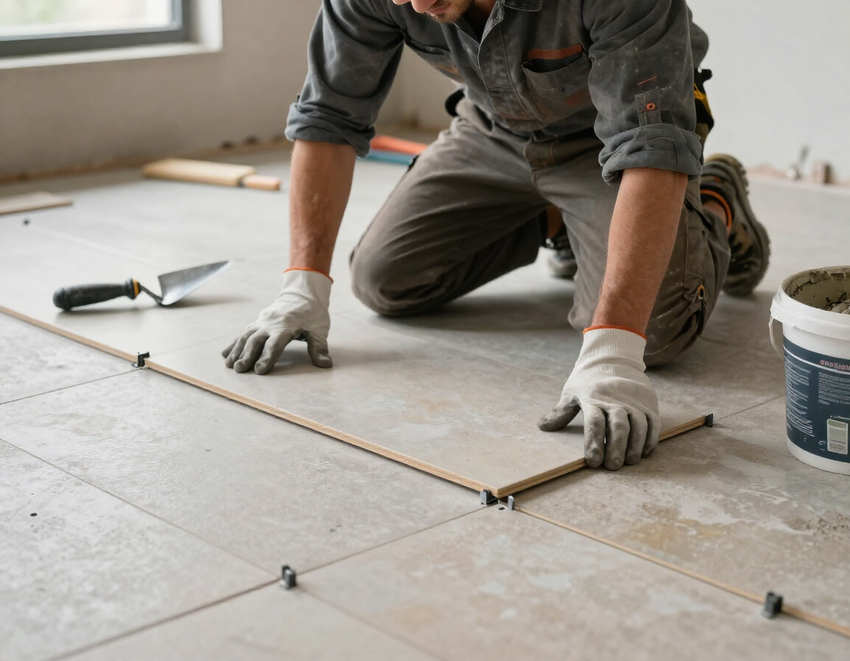 Superior Interiors Inc installer precisely setting tile during a Virginia Beach flooring renovation