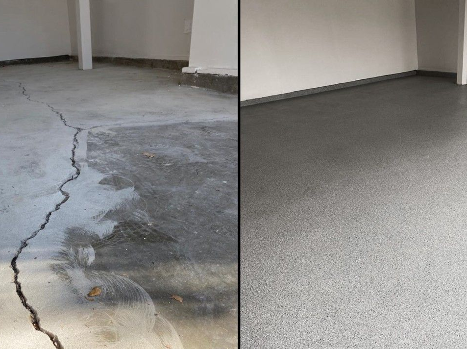 Cracked concrete floor next to a repaired gray, flake epoxy floor in a home garage.