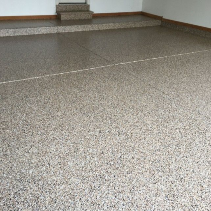 Brecksville flake floor Garage with flake broadcast floor tan and brown coated in Brecksville, Ohio.