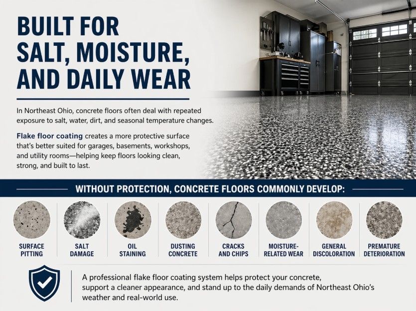 Tall infographic-style image showing a professional flake floor coating in a clean garage, highlighting how the system is built for salt, moisture, and daily wear in Northeast Ohio and listing common problems unprotected concrete floors develop.