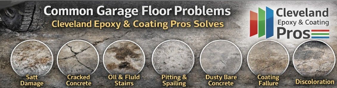 image displaying common garage floor issues such as salt damage, cracked concrete, oil/fluid stains, pitting/spailing, dusty bare concrete, coating failure and concrete discoloration solved by Cleveland Epoxy & Coating Pros garage floor coatings