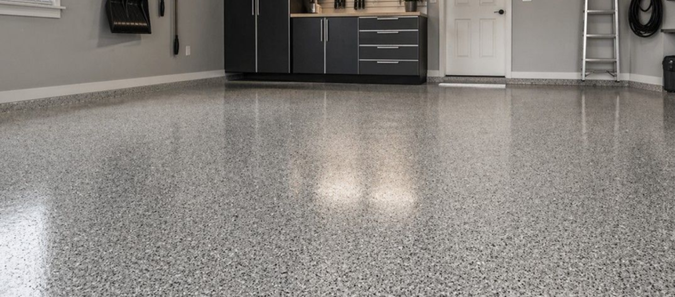 Professional gray flake epoxy floor coating in a clean garage showing the decorative multi-tone finish and polished appearance installed by Cleveland Epoxy & Coating Pros.