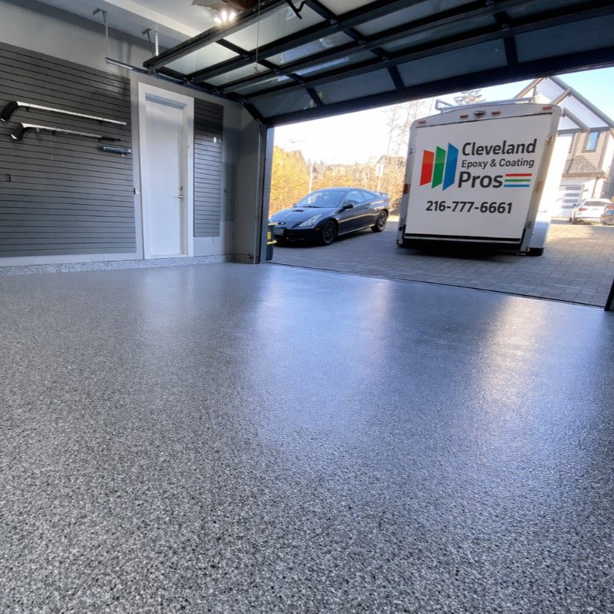 Westlake garage floor Flake garage floor coating installed in a residential garage in Cleveland, Ohio.
