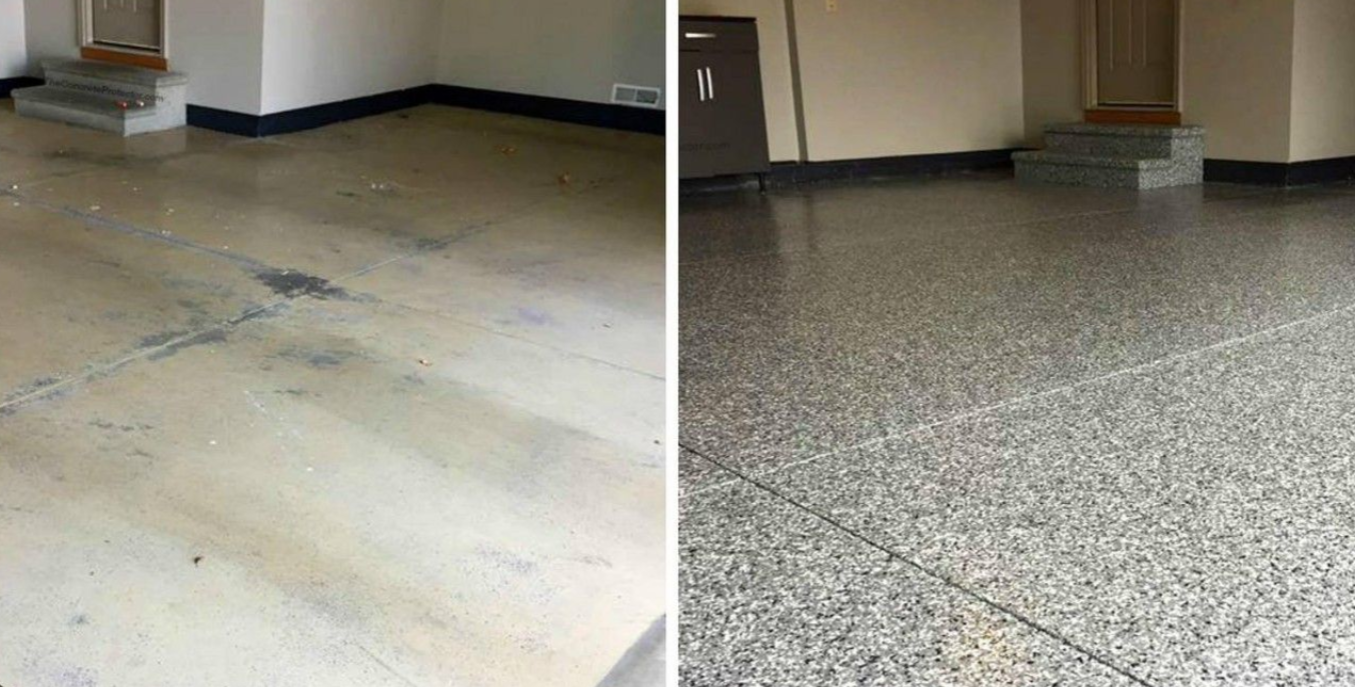 Before and after garage floor image showing worn bare concrete on the left and a freshly installed flake floor coating on the right, highlighting the visual and functional upgrade.