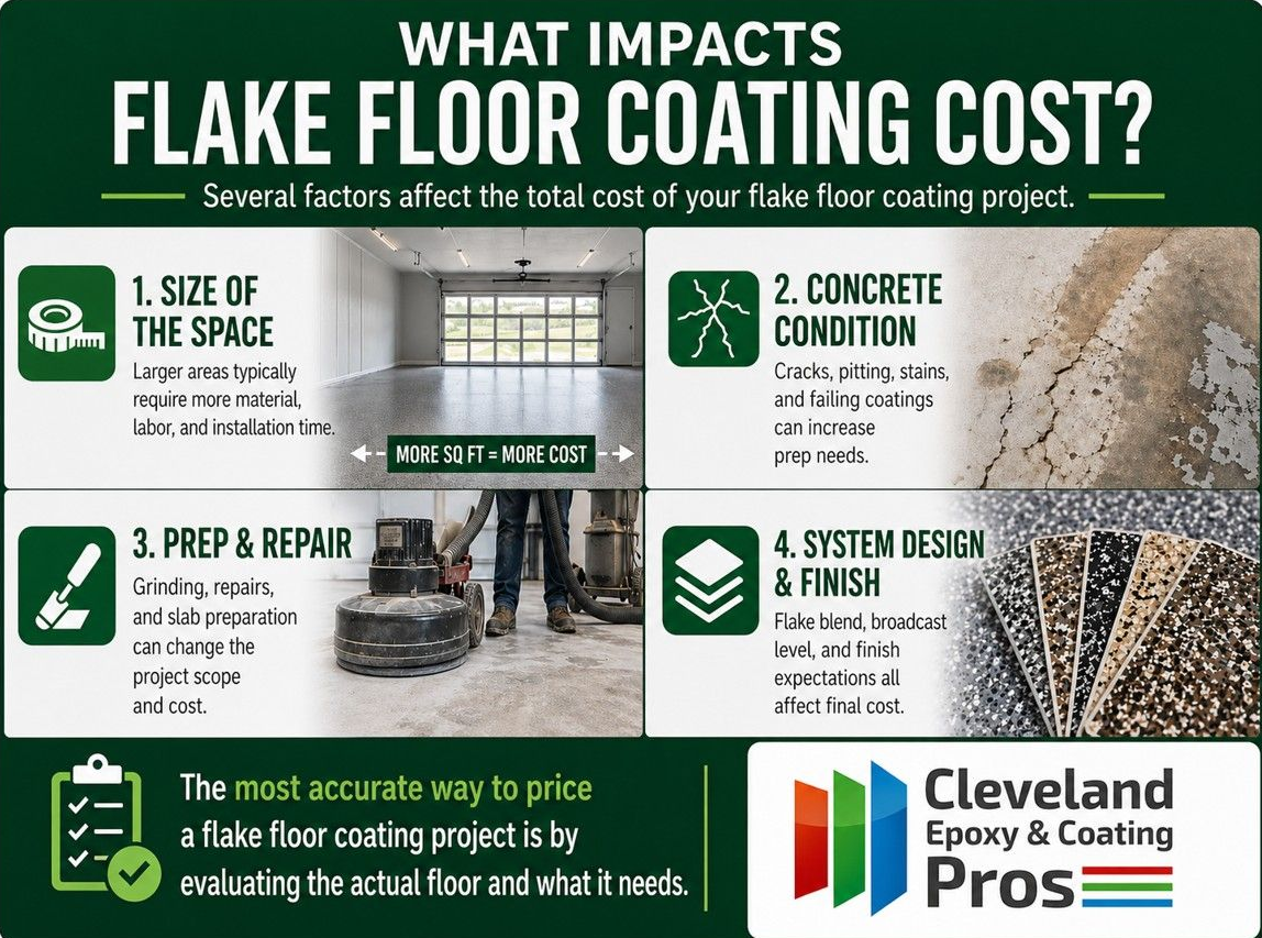 Infographic on what factors into flake floor coating costs, showing size, concrete condition, prep, and system design factors.