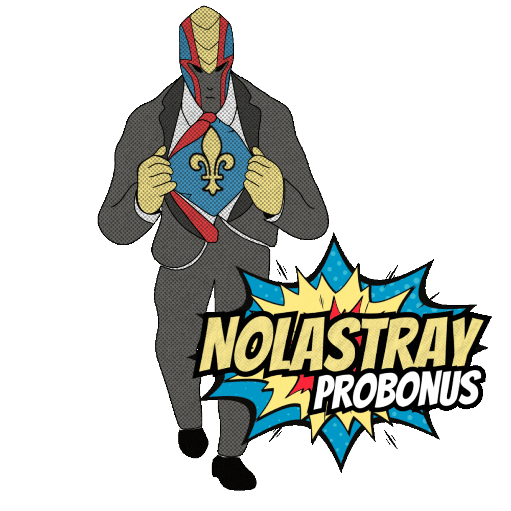 A superhero in a business suit pulls open their shirt to reveal a gold fleur-de-lis emblem. Text reads 