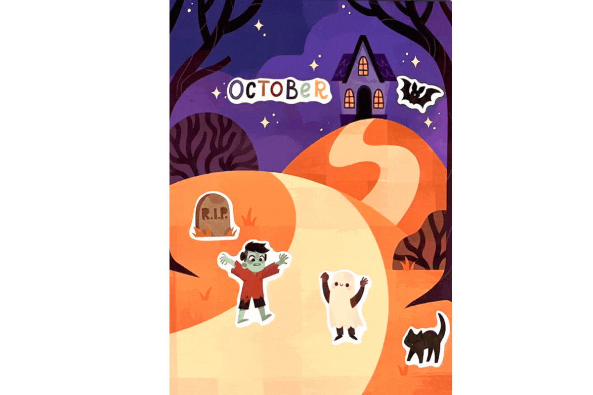 A cartoon illustration for October with a haunted house, tombstone, Frankenstein’s monster, a ghost, a bat, and a black cat.