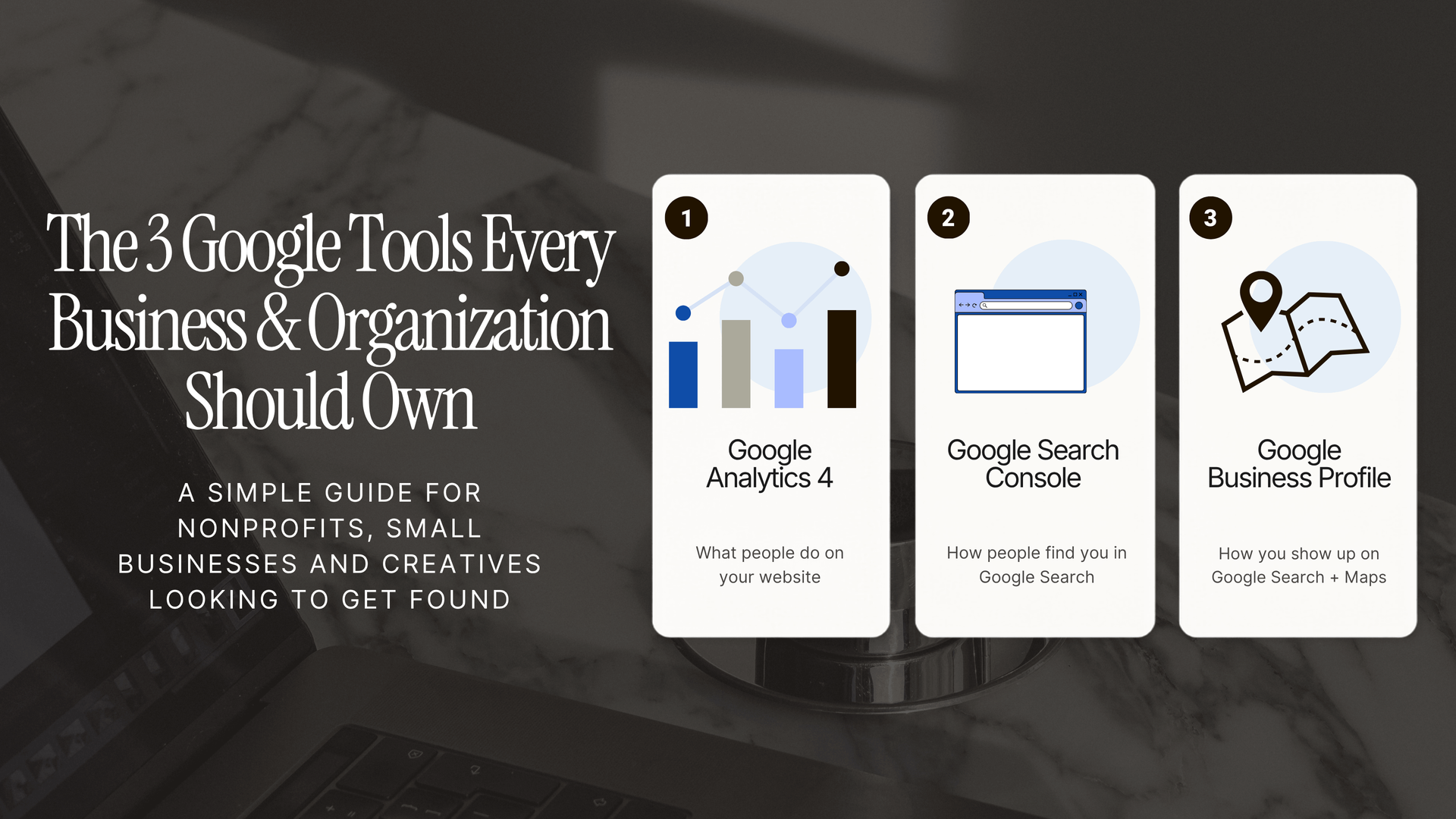 Dark business-themed graphic promoting three Google tools: Analytics, Search Console, and Business Profile.
