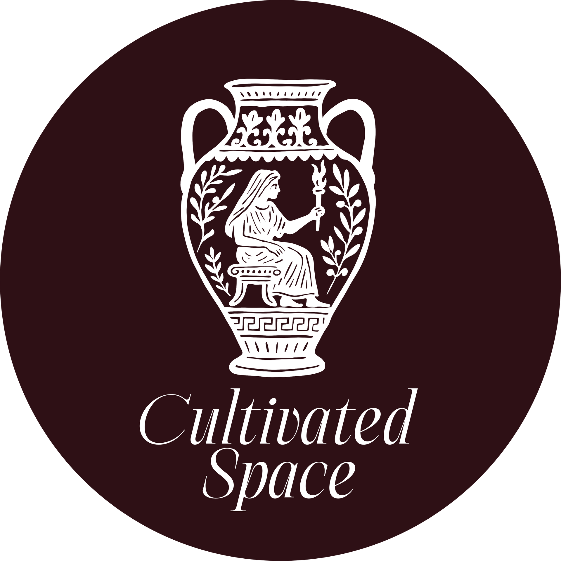 Cultivated Space logo: white Greek vase on dark maroon circle with elegant serif text.