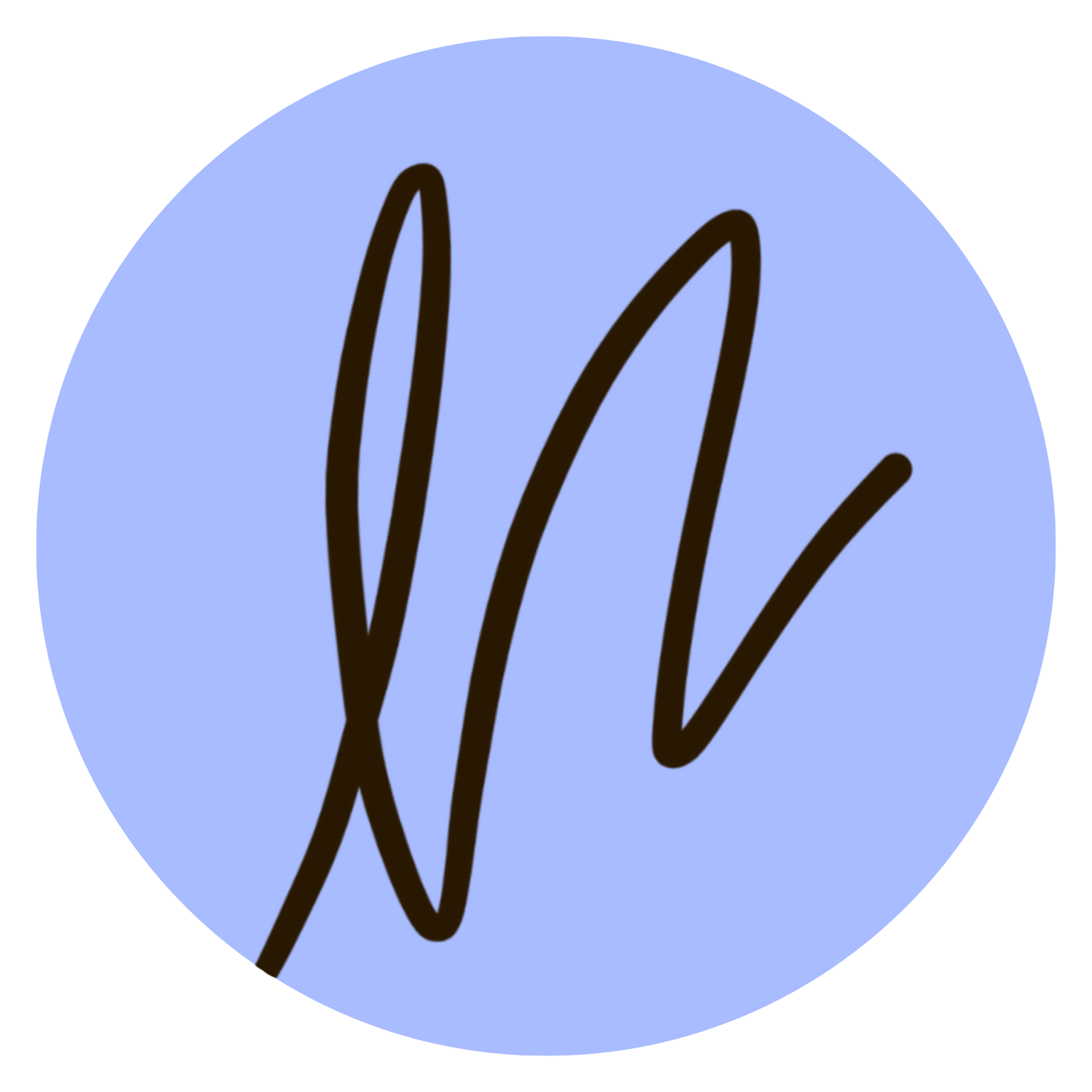 A blue circular logo featuring a stylized, handwritten white letter