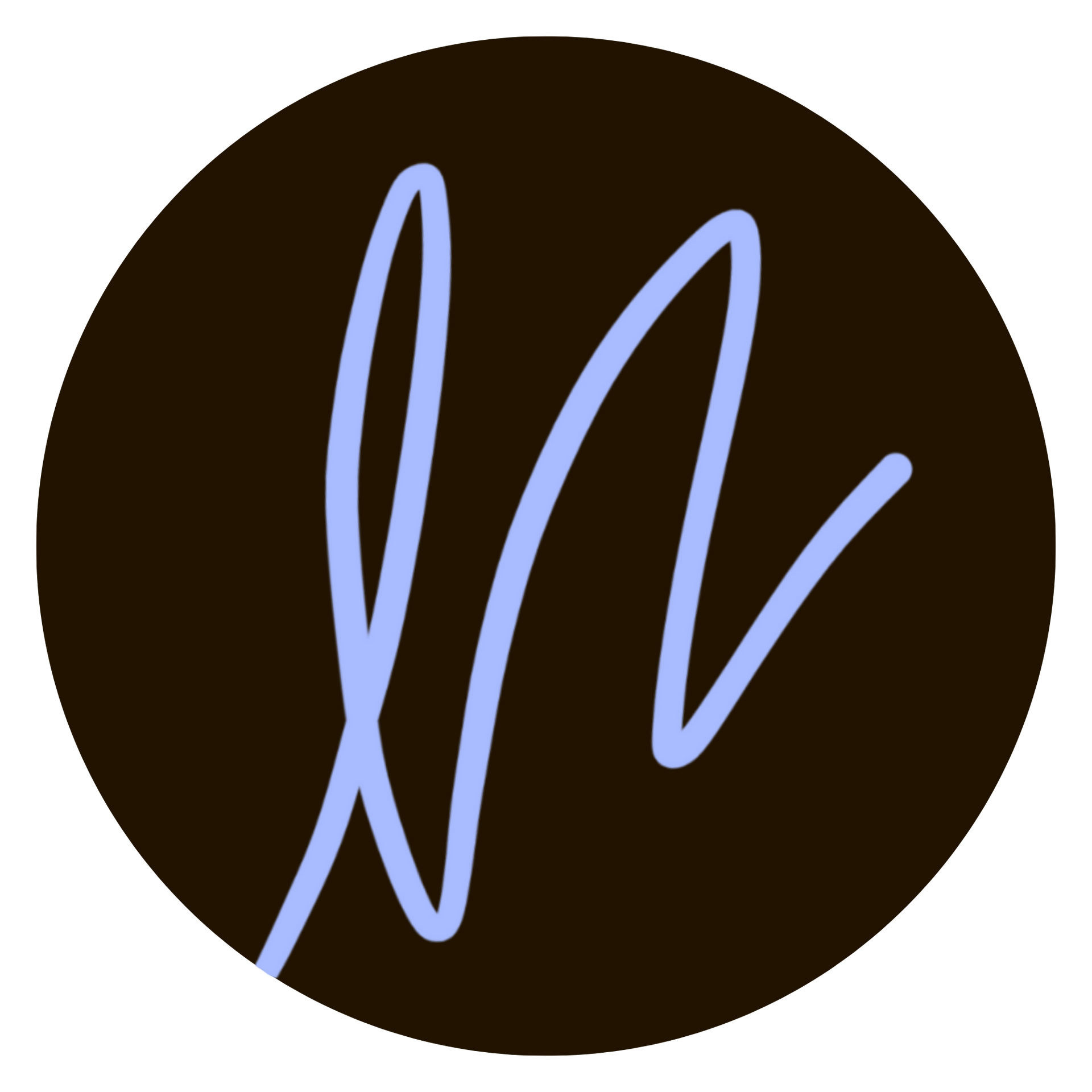 Dark brown circle and a light blue handwritten letter "LL" across it.