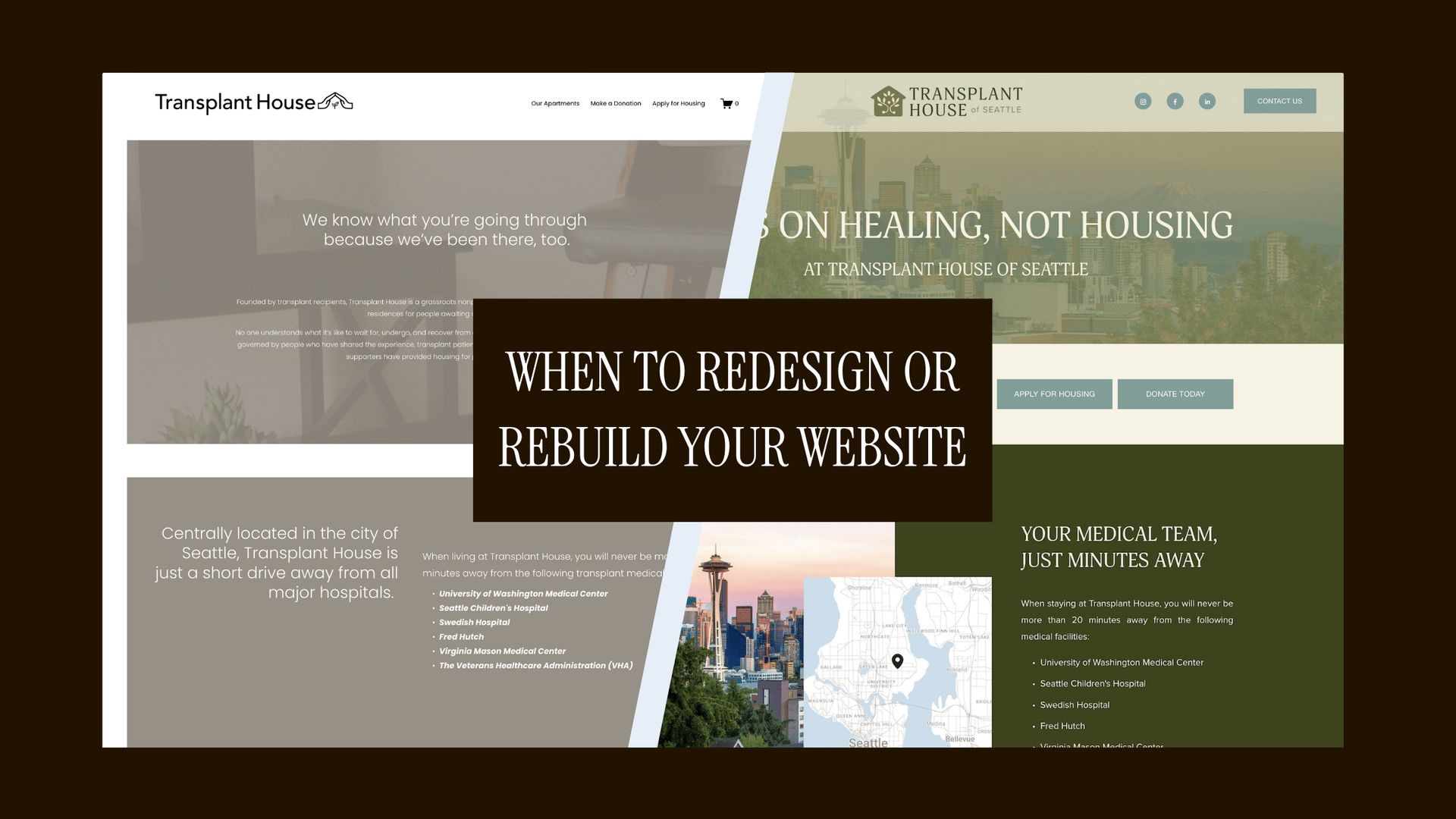 Before and after comparison of the Transplant House website redesign, showing the original outdated