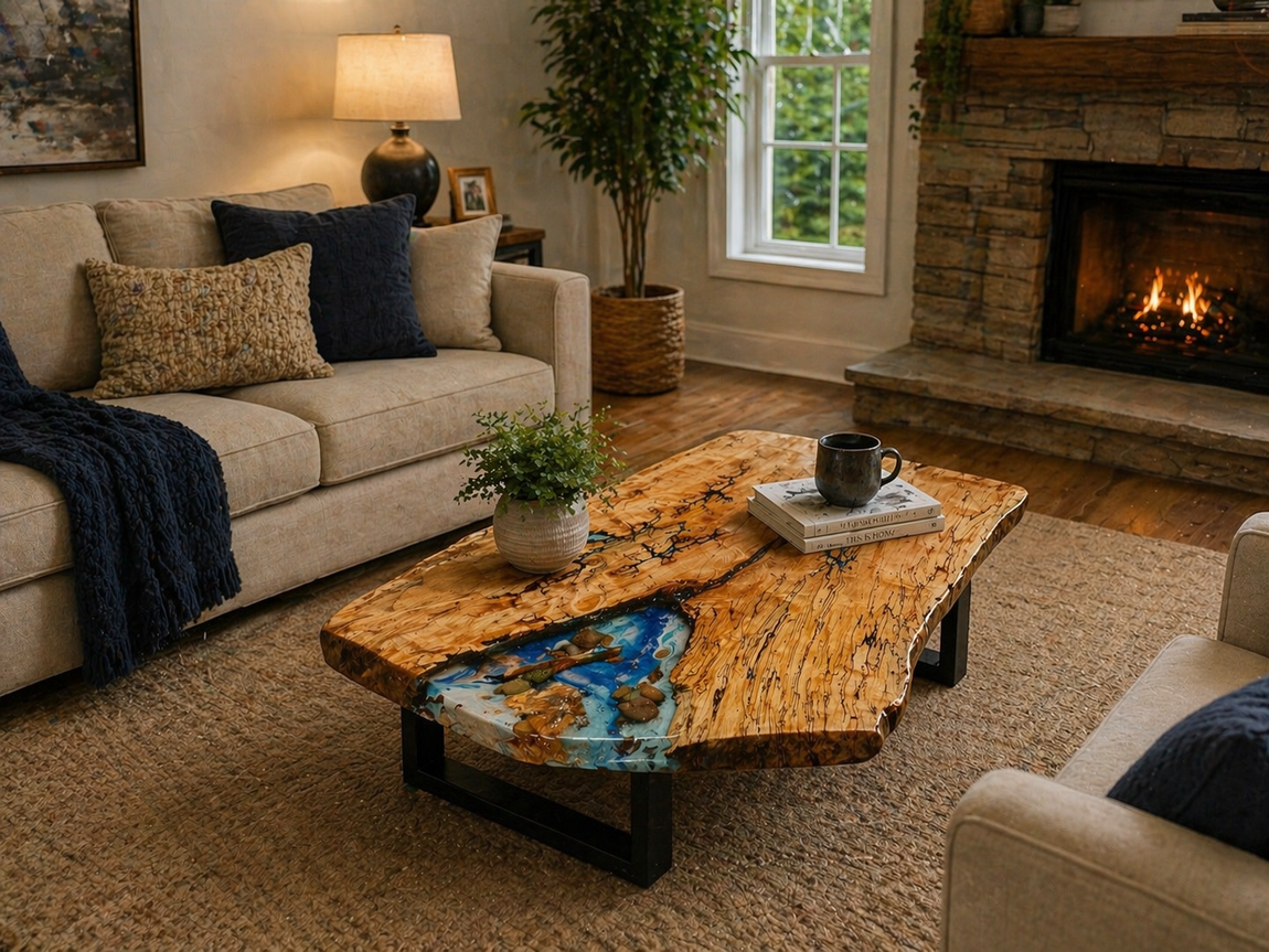 Cozy living room with beige sofas, a live-edge coffee table, lamp, plant, and lit fireplace.