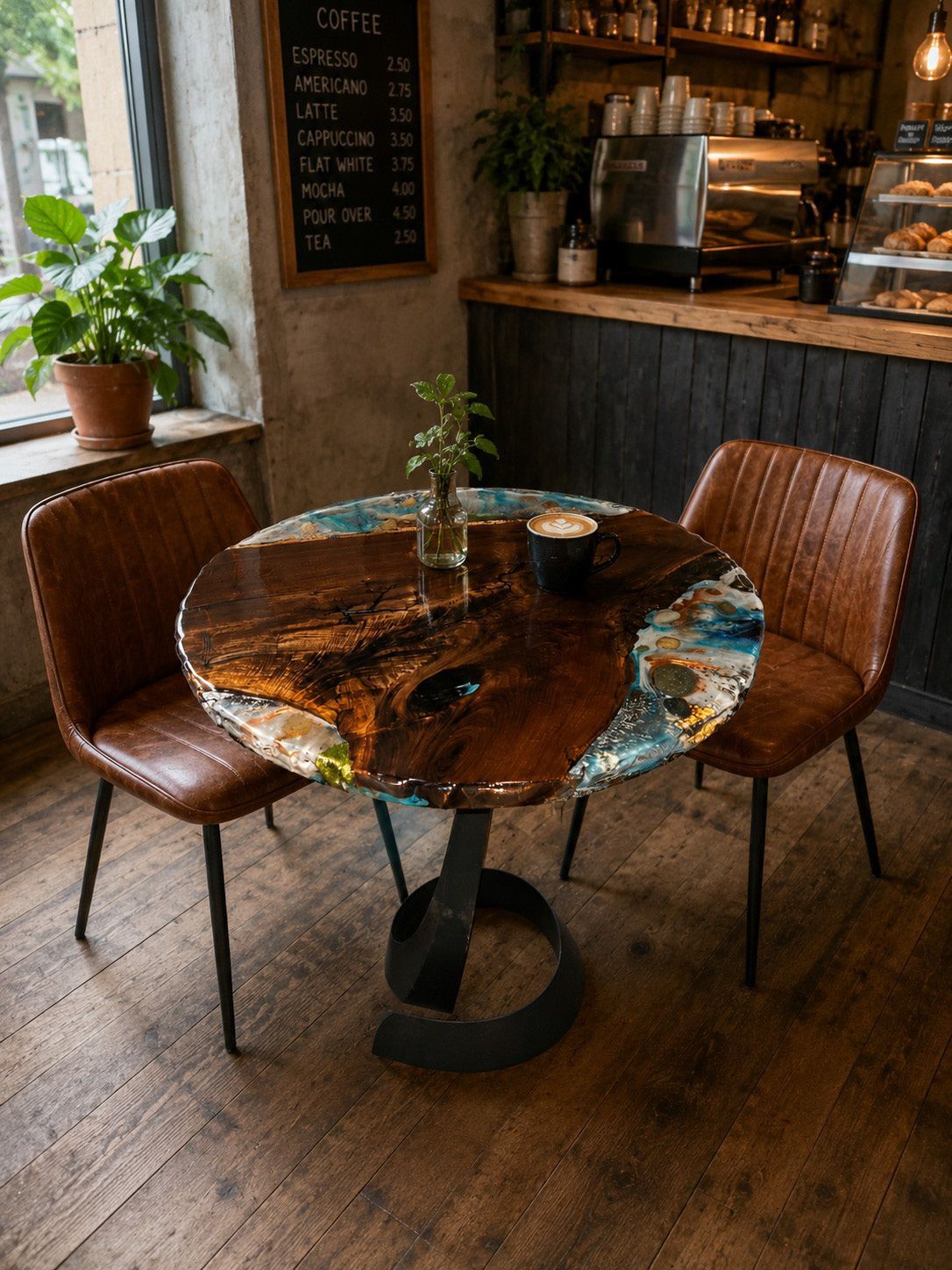 Round resin table with two brown chairs in a cozy café interior