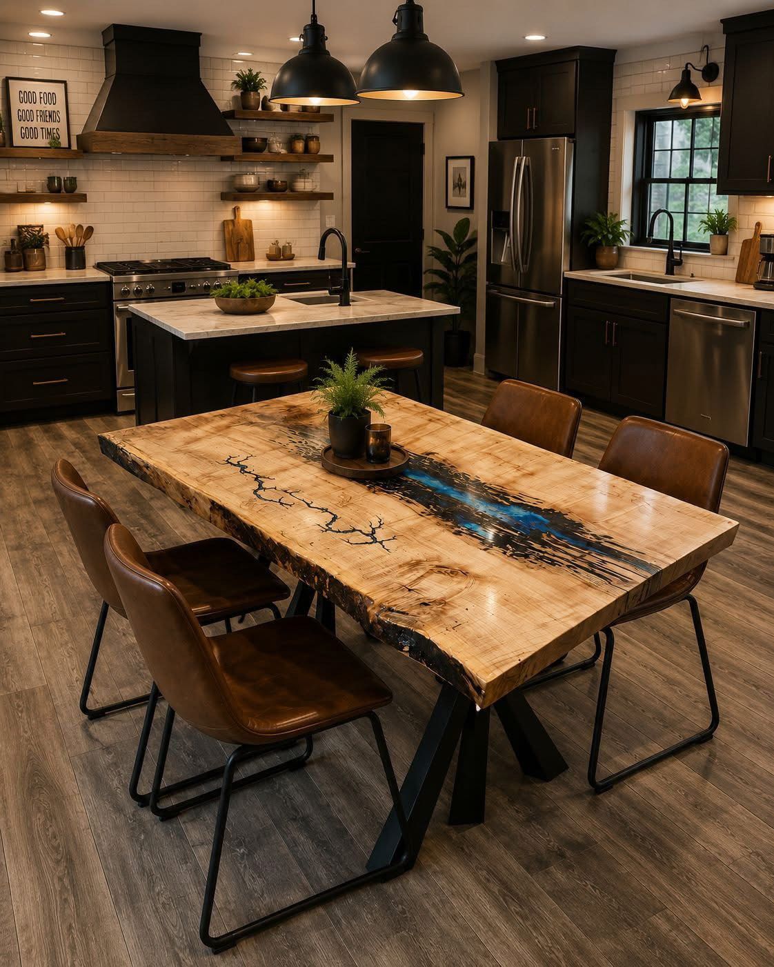 Cozy modern kitchen with wood island, pendant lights, and dining table with chairs and a blue centerpiece