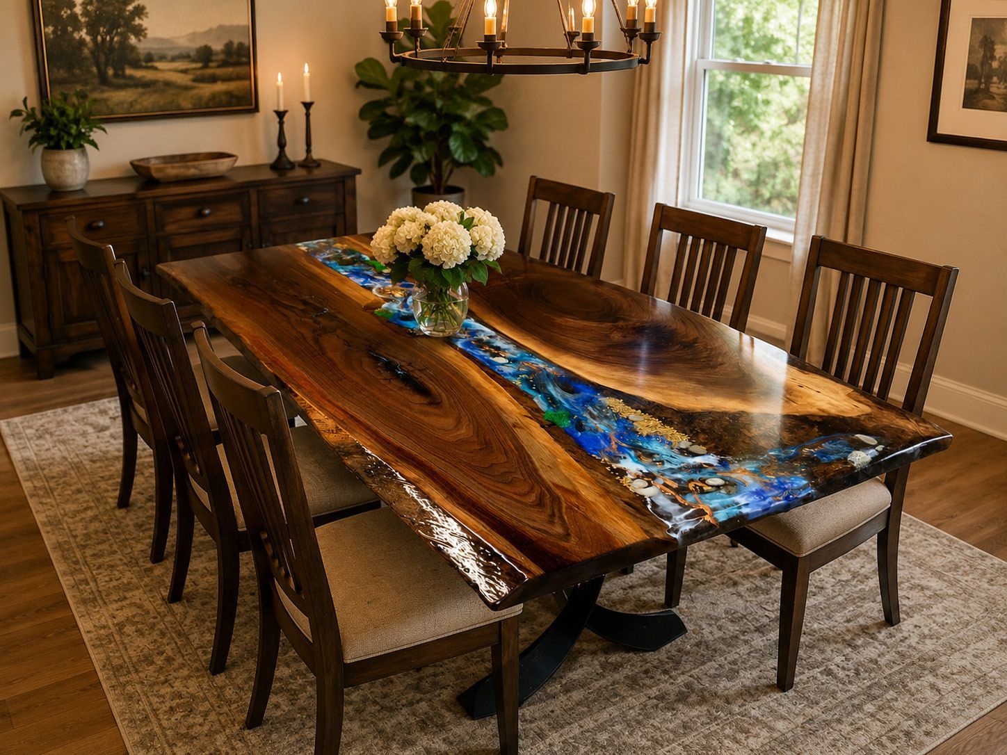 Dining room with a live-edge wood table, blue resin inlay, chairs, and a flower centerpiece near a window