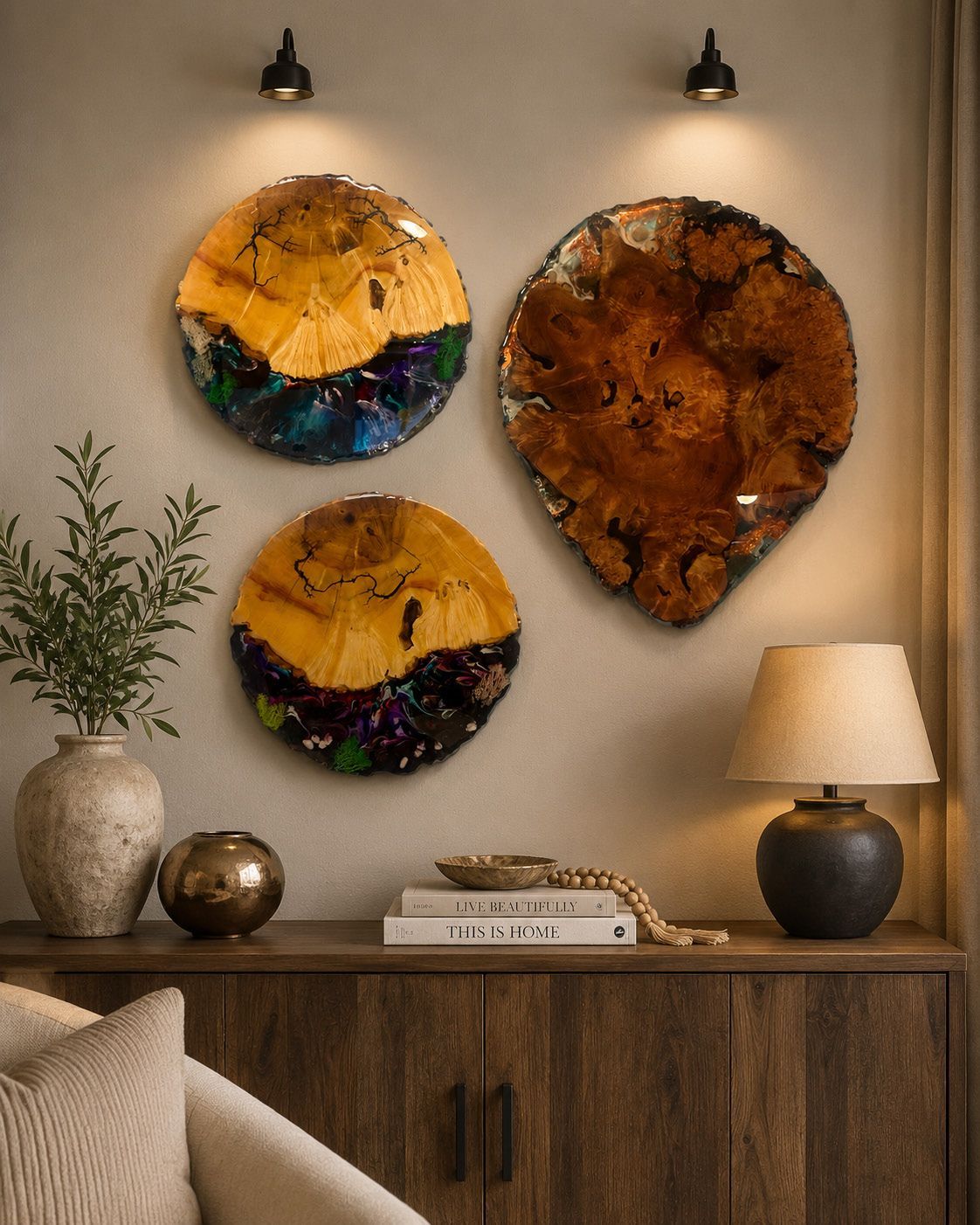 Decorative wall art above a wooden cabinet with lamp, vase, books, and a small plant