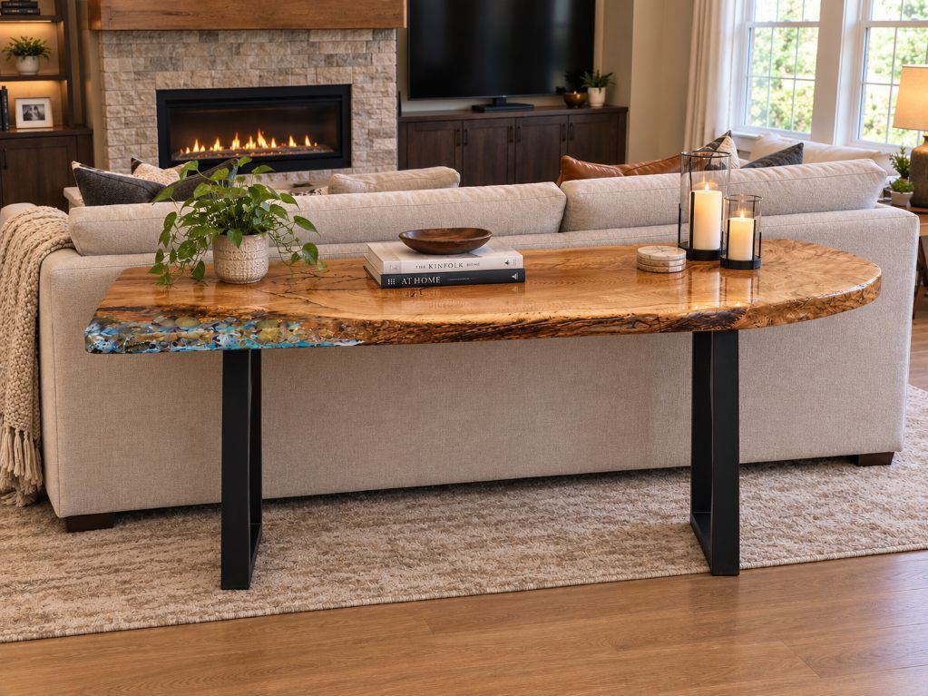 Rustic coffee table in a cozy living room with a fireplace and beige sofas