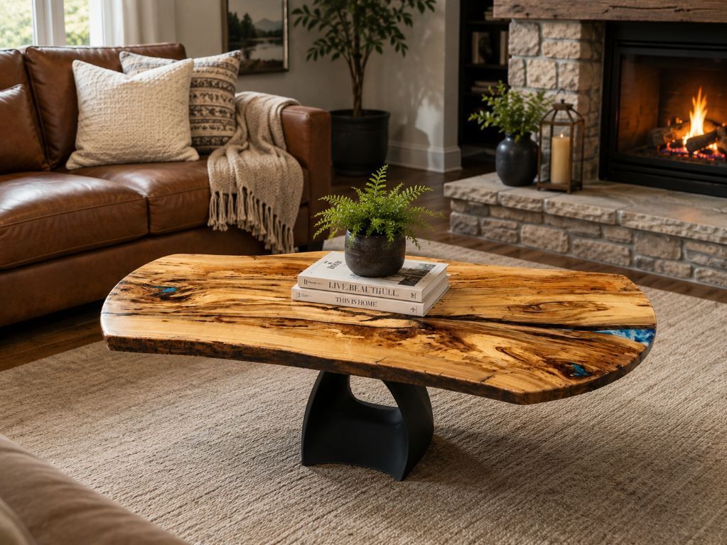 Modern living room with leather sofa, wood coffee table, and lit fireplace