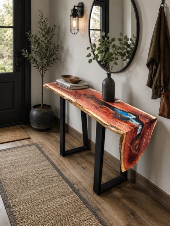 Narrow console table with colorful runner, vase, and mirror in a modern entryway