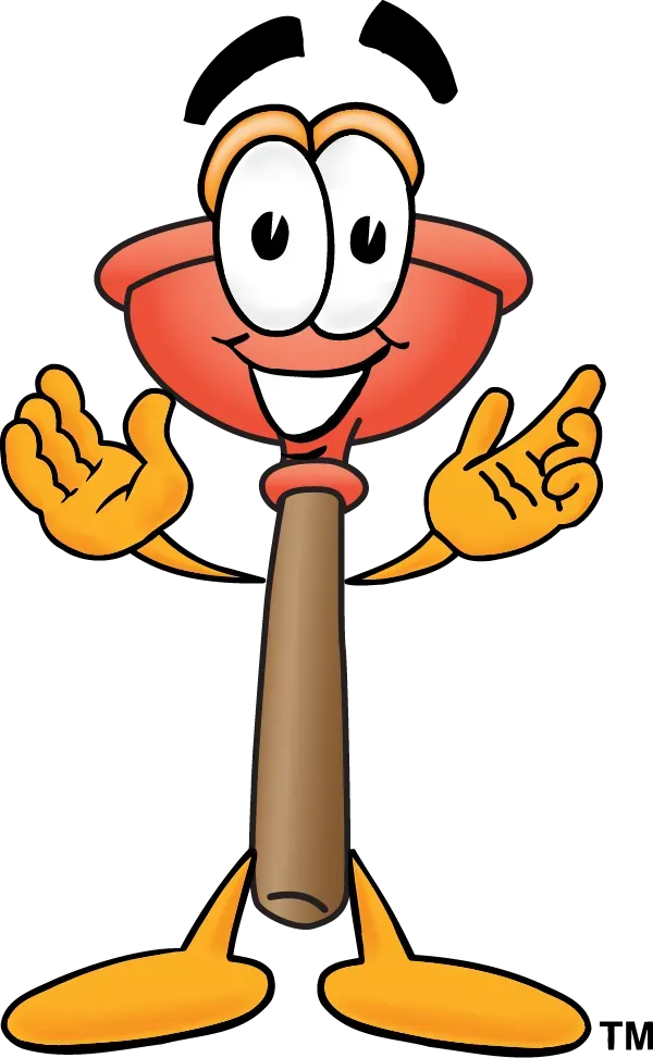 Cartoon plunger character with orange head and limbs, wooden handle, smiling, open hands.